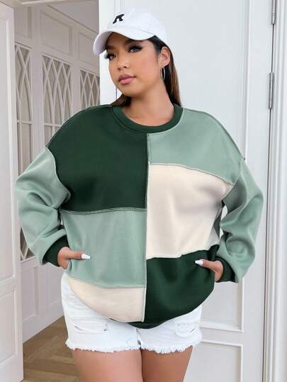 SHEIN EZwear プラス カラーブロック トップステッチ ドロップ