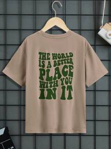 SHEIN 休閒青少年男孩口號印花針織卡其色t恤 - 卡其色 - 查看 1