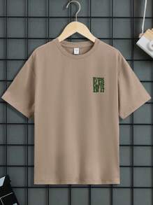 SHEIN 休閒青少年男孩口號印花針織卡其色t恤 - 卡其色 - 查看 2