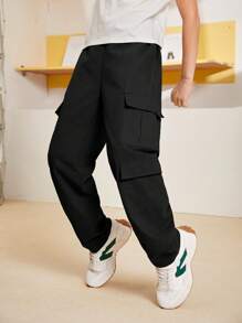 SHEIN Tween Boy Casual Sports Side Flap Pocket Black Cargo Pants