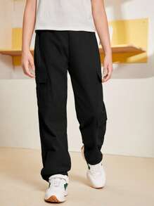 SHEIN Tween Boy Casual Sports Side Flap Pocket Black Cargo Pants