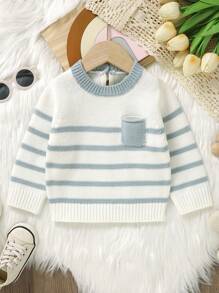 SHEIN Baby Boy Striped Pattern Pocket Patched Sweater - White - View 1