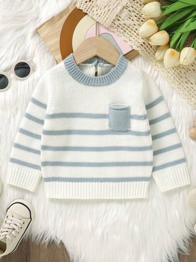 SHEIN Bebé niño Jersey con patrón de rayas con parche de bolsillo