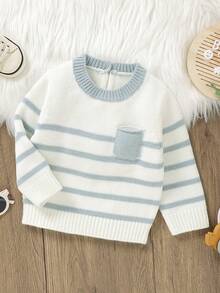 SHEIN Baby Boy Striped Pattern Pocket Patched Sweater - White - View 3