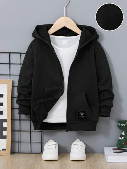 SHEIN Young Boy Letter Patched Detail Zip Up Thermal Lined Hoodie Without Tee,In Fall/Winter