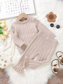 Baby Girl Solid Sweater & Ruffle Hem Pants - Apricot - View 1
