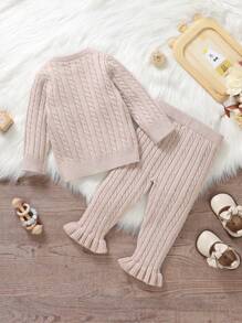 Baby Girl Solid Sweater & Ruffle Hem Pants - Apricot - View 2
