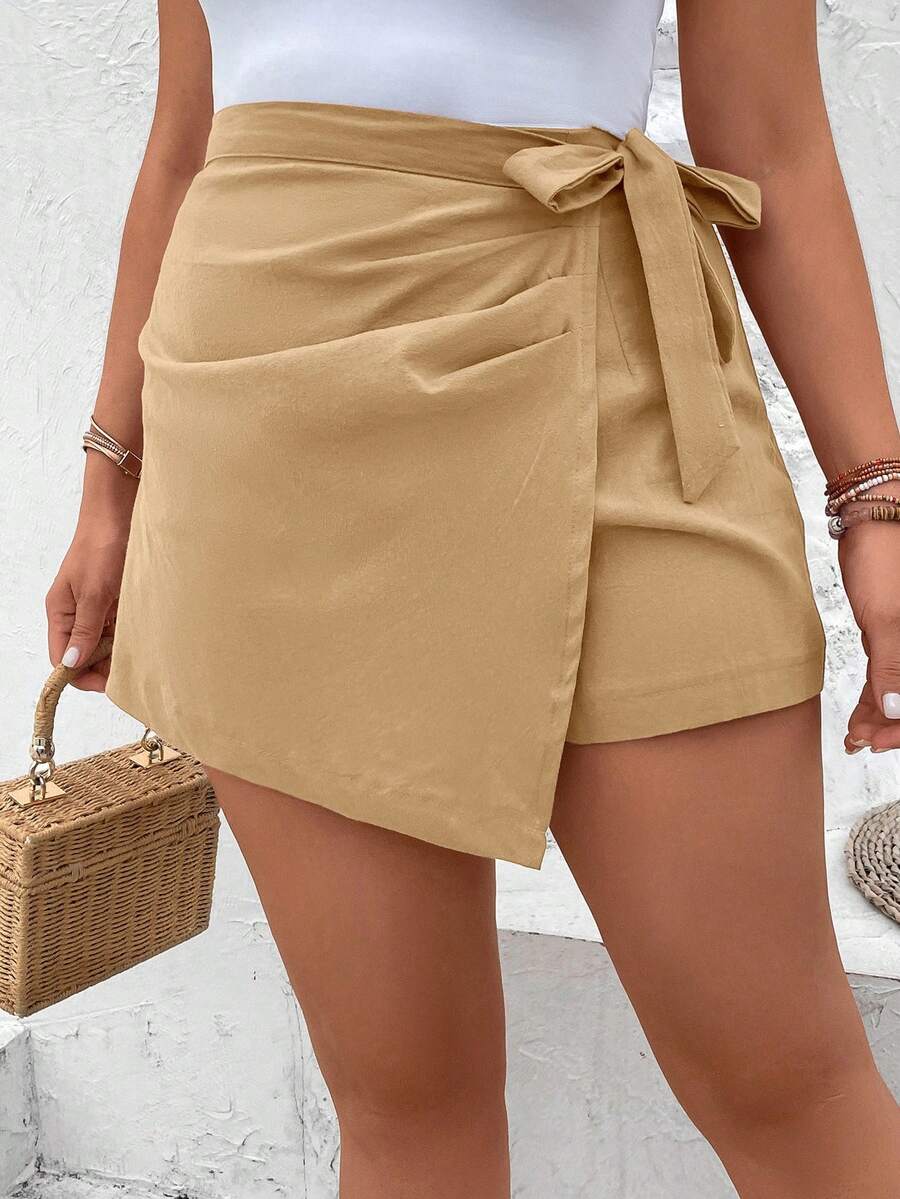 SHEIN VCAY 大碼圍裹側打結裙裤 - 杏色 - 查看 1