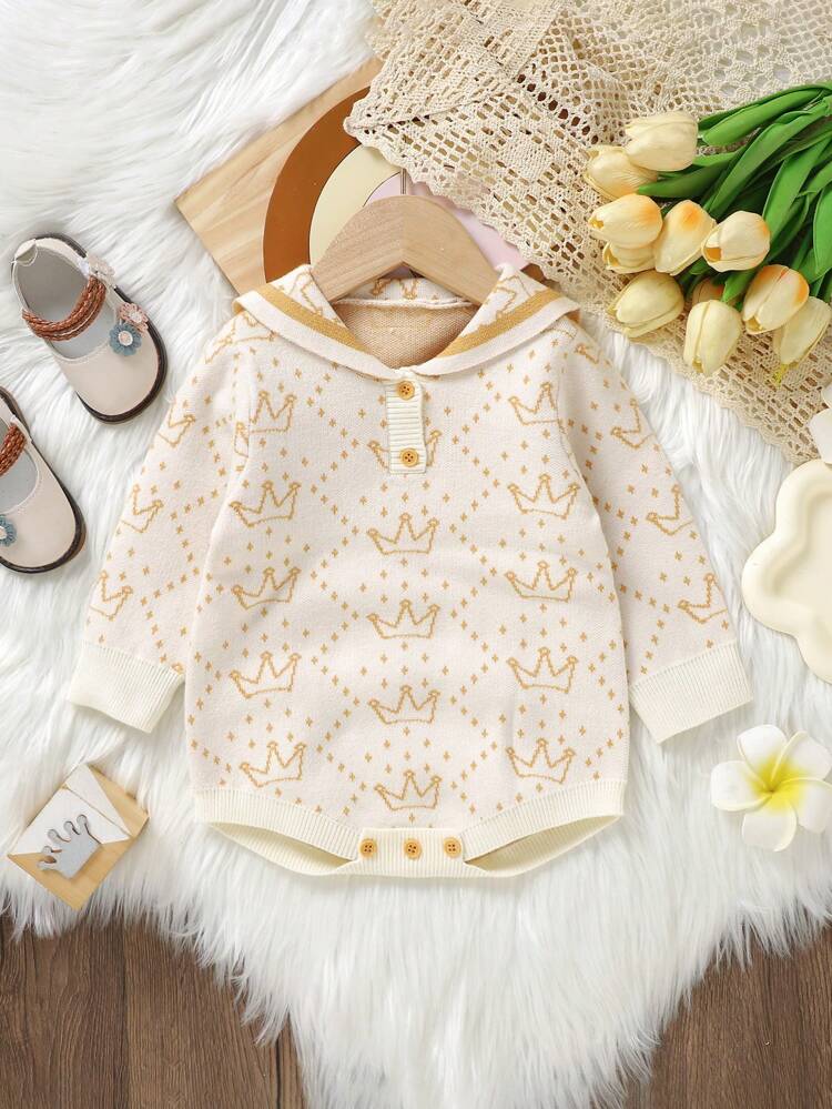 Baby Girl Crown Pattern Sailor Collar Knit Bodysuit