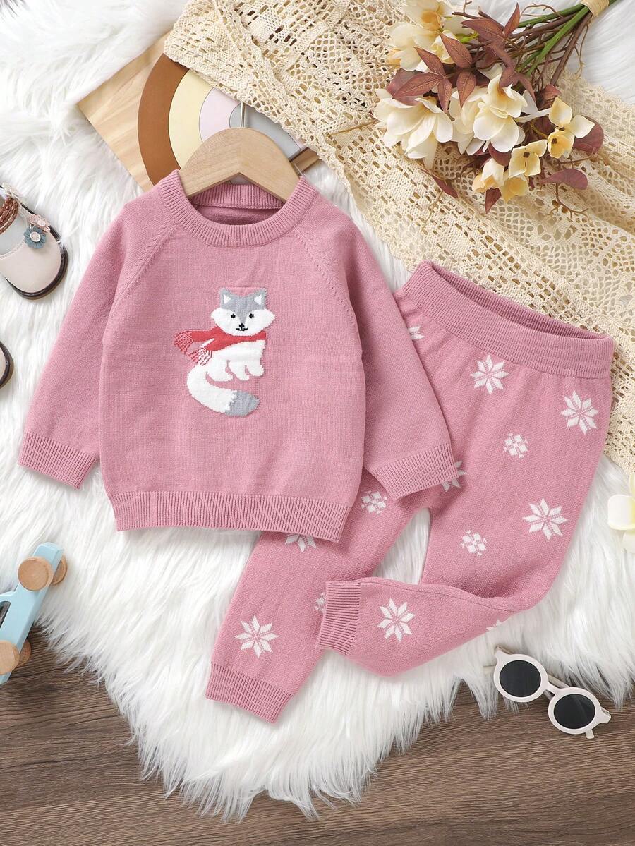 女嬰卡通圖案插肩袖套頭毛衣和針織褲 - 藕粉色 - 查看 1