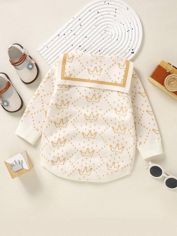 Baby Girl Crown Pattern Sailor Collar Knit Bodysuit