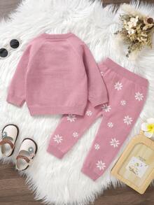 女嬰卡通圖案插肩袖套頭毛衣和針織褲 - 藕粉色 - 查看 2