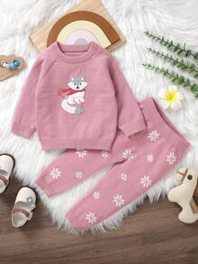 女嬰卡通圖案插肩袖套頭毛衣和針織褲 - 藕粉色 - 查看 4