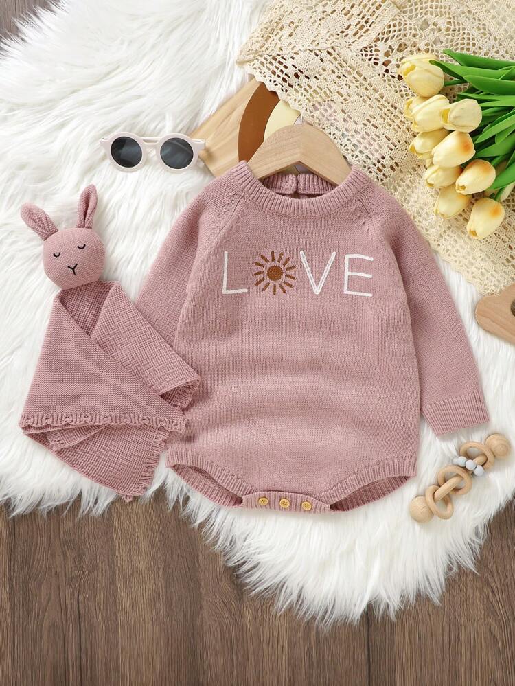 Baby Girl Sun & Letter Pattern Raglan Sleeve Knit Bodysuit
