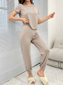 Letter Graphic Tee & Drawstring Waist Trousers PJ Set - Khaki - View 4
