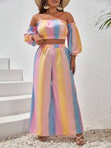 SHEIN VCAY 大碼漸層一字肩燈籠袖短款上衣&闊腿褲 - 彩色 - 查看 3