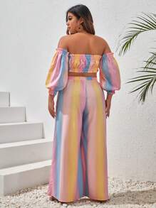 SHEIN VCAY 大碼漸層一字肩燈籠袖短款上衣&闊腿褲 - 彩色 - 查看 2