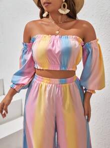 SHEIN VCAY 大碼漸層一字肩燈籠袖短款上衣&闊腿褲 - 彩色 - 查看 4