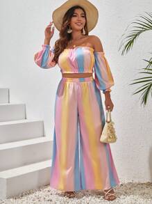 SHEIN VCAY 大碼漸層一字肩燈籠袖短款上衣&闊腿褲 - 彩色 - 查看 1