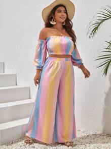 SHEIN VCAY 大碼漸層一字肩燈籠袖短款上衣&闊腿褲 - 彩色 - 查看 6