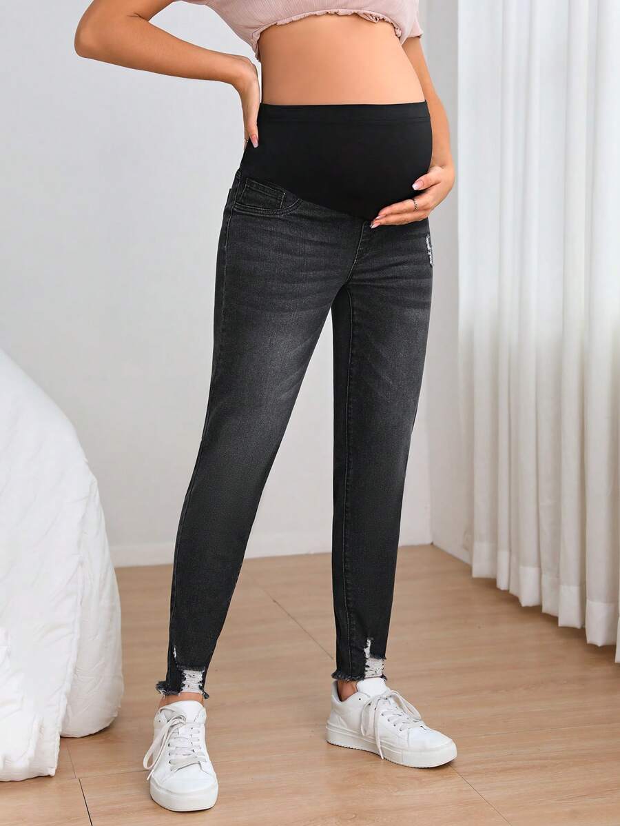 SHEIN Maternity Wideband Waist Ripped Frayed Skinny Jeans - Black - View 1