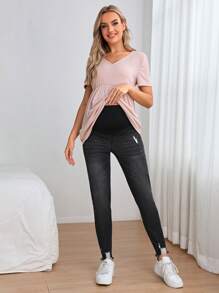 SHEIN Maternity Wideband Waist Ripped Frayed Skinny Jeans - Black - View 6