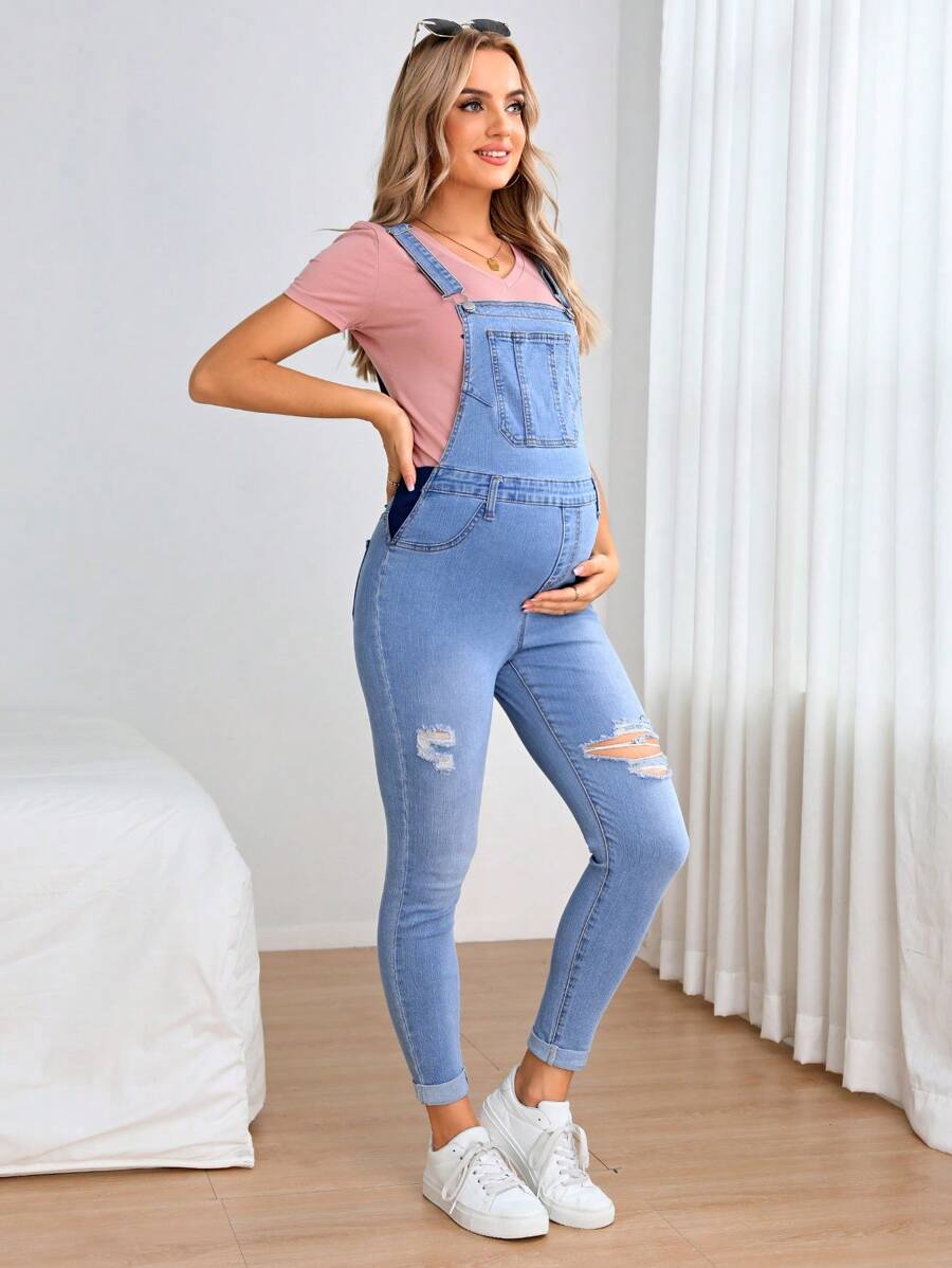 SHEIN Maternity Ripped Denim Overalls Without Tee - Medium Wash - View 1