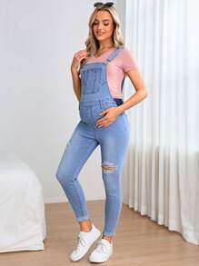 SHEIN Maternity Ripped Denim Overalls Without Tee - Medium Wash - View 3