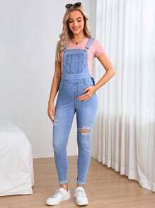 SHEIN Maternity Ripped Denim Overalls Without Tee - Medium Wash - View 4