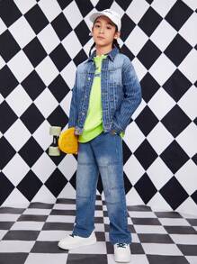 Tween Boy Pocket Detail Button Front Denim Jacket - Medium Wash - View 3