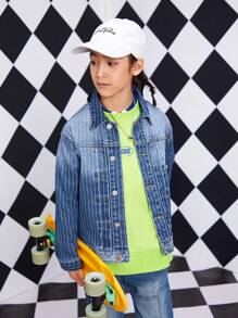 Tween Boy Pocket Detail Button Front Denim Jacket - Medium Wash - View 1