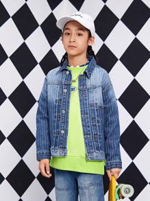 Tween Boy Pocket Detail Button Front Denim Jacket - Medium Wash - View 6