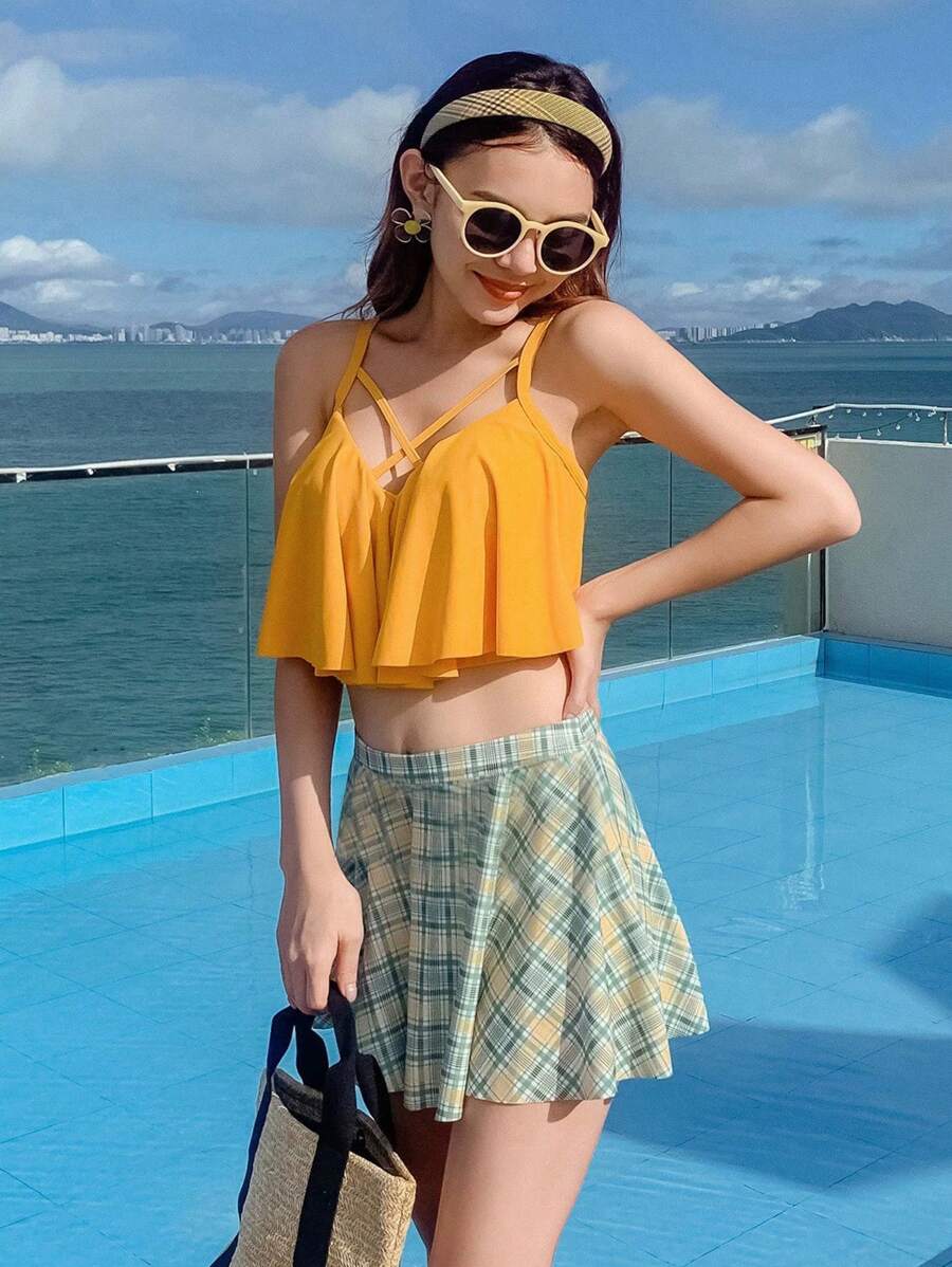 SHEIN 格子印花比基尼套装夏日海滩 - 彩色 - 查看 1