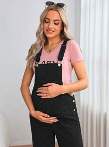 SHEIN Maternity Patched Pocket Denim Overalls Without Tee - Black - View 5