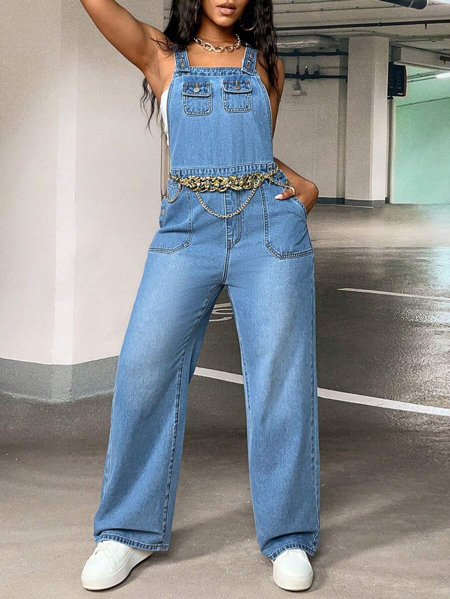 SHEIN SXY 素色翻蓋口袋牛仔連體衣不帶上衣 - 中等水洗藍 - 查看 1