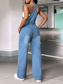 SHEIN SXY 素色翻蓋口袋牛仔連體衣不帶上衣 - 中等水洗藍 - 查看 2