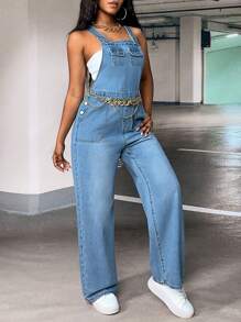 SHEIN SXY 素色翻蓋口袋牛仔連體衣不帶上衣 - 中等水洗藍 - 查看 4