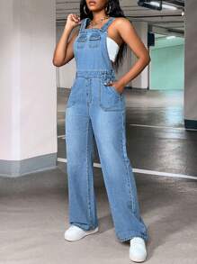 SHEIN SXY 素色翻蓋口袋牛仔連體衣不帶上衣 - 中等水洗藍 - 查看 3