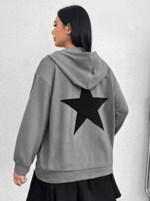 SHEIN EZwear 加大码单件字母图案拉链落肩抽绳卫衣 - 灰色 - 查看 1