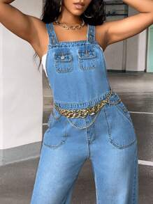 SHEIN SXY 素色翻蓋口袋牛仔連體衣不帶上衣 - 中等水洗藍 - 查看 5