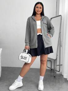 SHEIN EZwear 加大码单件字母图案拉链落肩抽绳卫衣 - 灰色 - 查看 3