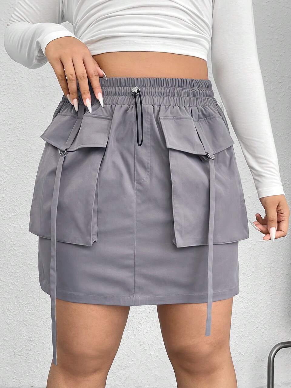Plus Flap Pocket Drawstring Waist Cargo Skirt