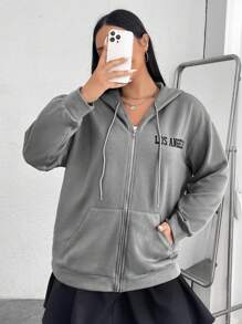 SHEIN EZwear 加大码单件字母图案拉链落肩抽绳卫衣 - 灰色 - 查看 5