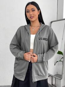 SHEIN EZwear 加大码单件字母图案拉链落肩抽绳卫衣 - 灰色 - 查看 6