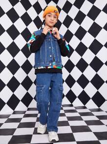Tween Boy Flap Pocket Side Cargo Jeans, School, Campus, College Summer Holiday - Dark Wash - View 3