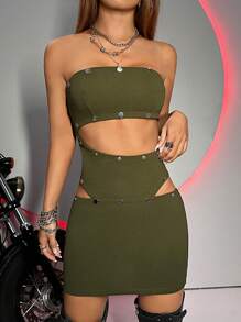 SHEIN ICON Cut Out Button Detail Tube Bodycon Dress - Army Green - View 4
