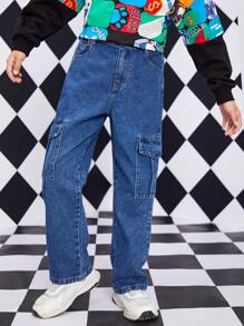 Tween Boy Flap Pocket Side Cargo Jeans, School, Campus, College Summer Holiday - Dark Wash - View 5
