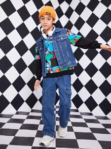 Tween Boy Flap Pocket Side Cargo Jeans, School, Campus, College Summer Holiday - Dark Wash - View 6