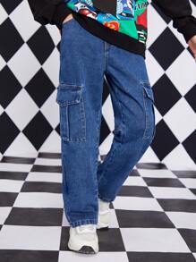 Tween Boy Flap Pocket Side Cargo Jeans, School, Campus, College Summer Holiday - Dark Wash - View 7