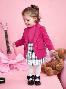 SHEIN 女嬰雙排釦西裝外套&格紋印花半身裙&T恤 - 彩色 - 查看 1